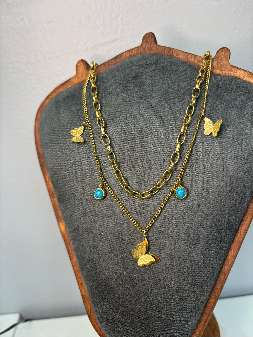 Gold Butterfly Layered Necklace with Turquoise Charm Accents - Picture 6 of 8
